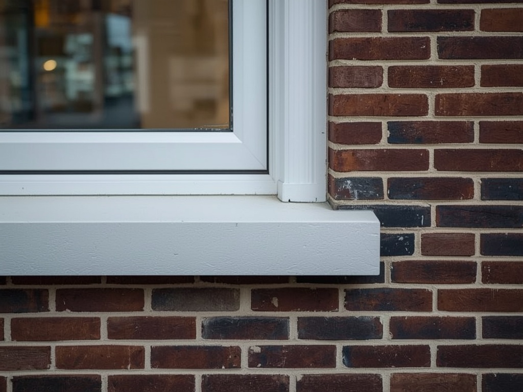 Close-up wit kunststof kozijnprofiel op donkere bakstenen gevel in Gorinchem