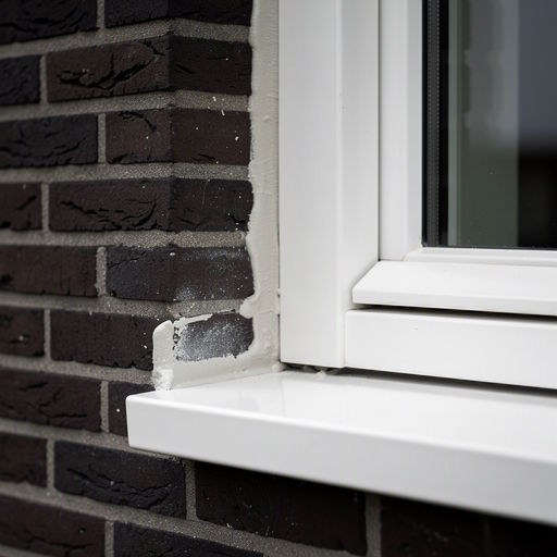 Detailopname wit kunststof kozijnprofiel op moderne grijze baksteen Rotterdam