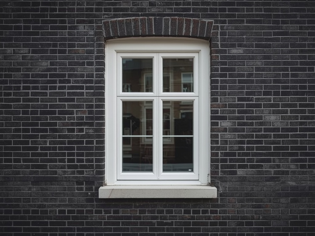 Detail kunststof kozijn Sliedrecht met zwarte bakstenen gevel op de achtergrond