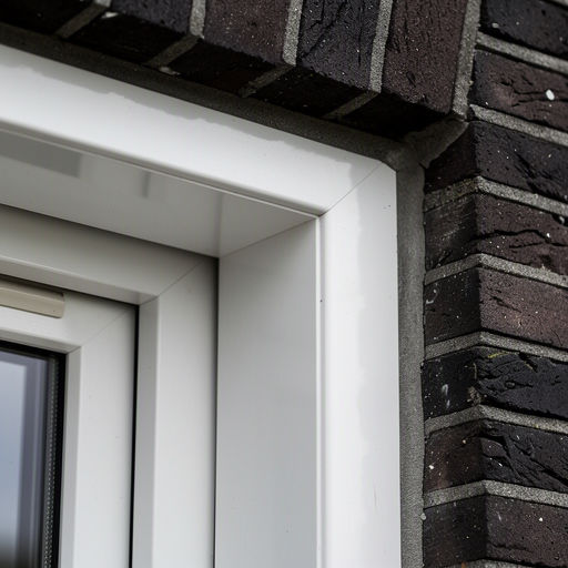 Detailopname van een wit kunststof kozijnprofiel tegen de achtergrond van een donkerrode bakstenen muur in Hendrik-Ido-Ambacht