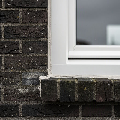 Close-up kozijnprofiel wit kunststof op donkere baksteen gevel Dordrecht
